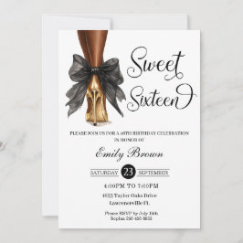 Invitación Couquette Black Ribbon Bow Fashion Heels Sweet 16 