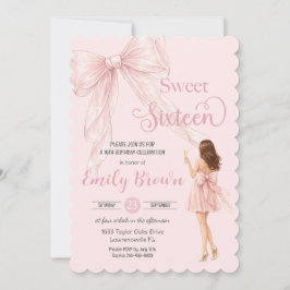 Invitación Couquette Blush Bow Brunette Fashion Girl Sweet 16