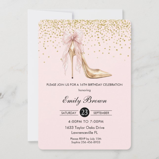Invitación Couquette Blush Ribbon Bow Fashion Heel Sweet 16 (Anverso)