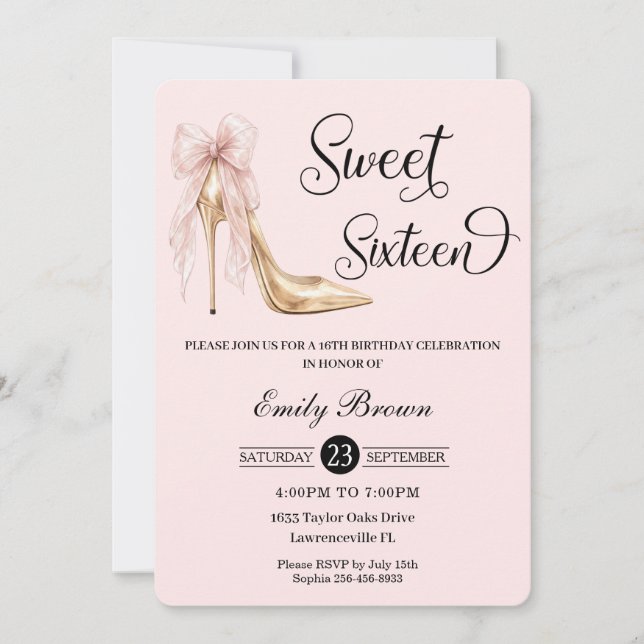 Invitación Couquette Blush Ribbon Bow Fashion Heel Sweet 16 (Anverso)