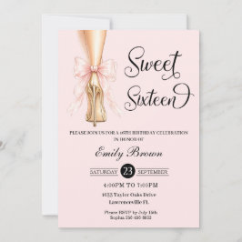 Invitación Couquette Pink Ribbon Bow Fashion Heels Sweet 16 