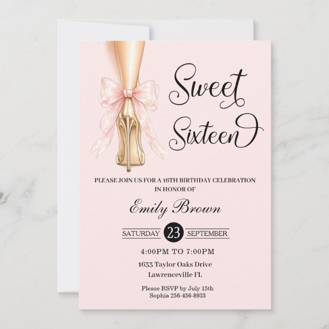 Invitación Couquette Pink Ribbon Bow Fashion Heels Sweet 16  (Anverso)