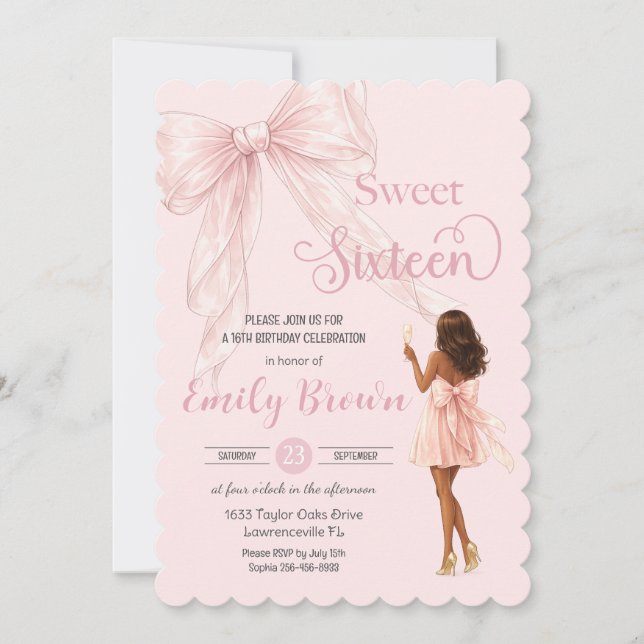 Invitación Couquette Rubor Lazo Marrón Moda Chica Cumple 16 (Anverso)