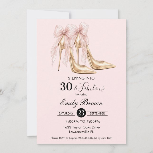 Invitación Couquette Rubor Lazo Tacón Cumpleaños 30 (Anverso)