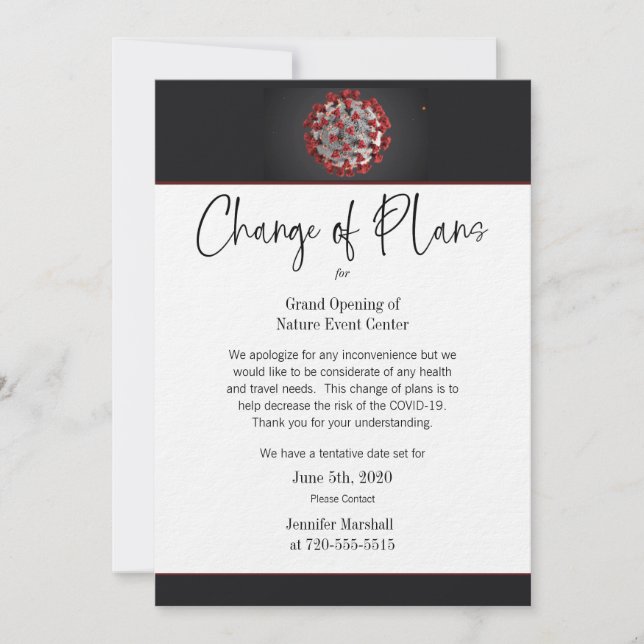 Invitación COVID-19 Cambio del plan de negocios o evento pers (Anverso)