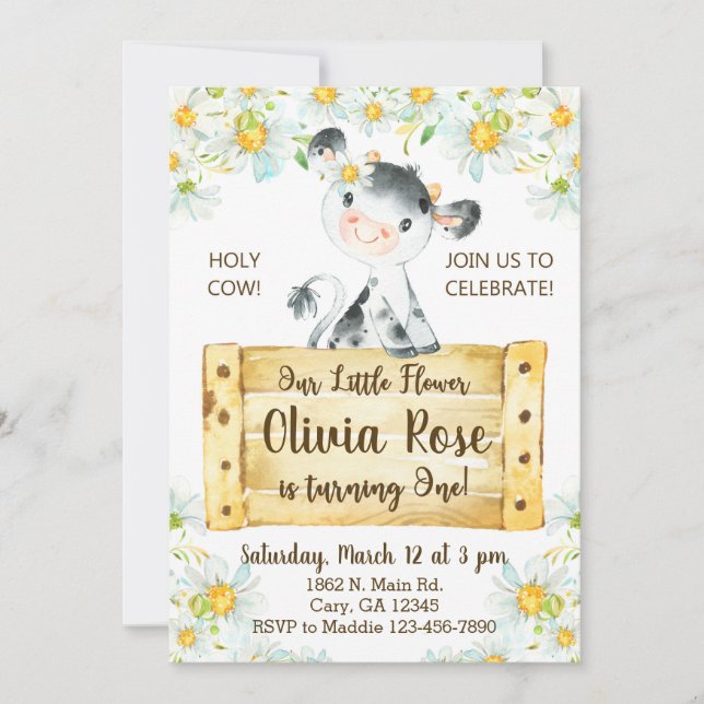 Invitación Cow and daisies girl 1st first birthday (Anverso)