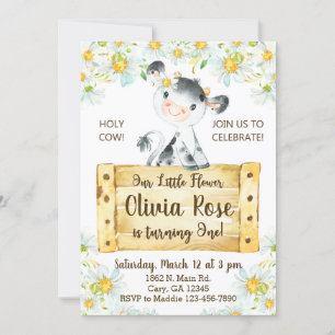 Invitación Cow and daisies girl 1st first birthday