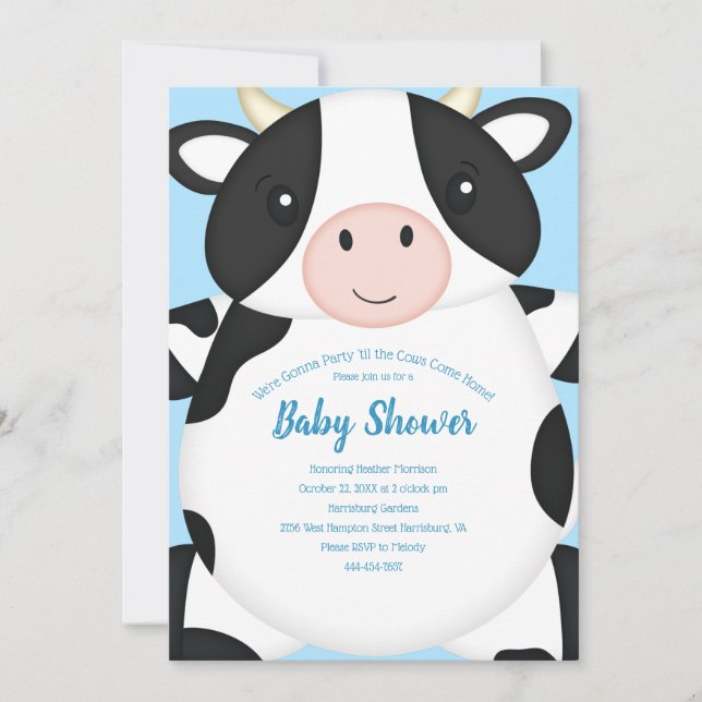 Invitación Cow Baby Shower Blue (Anverso)
