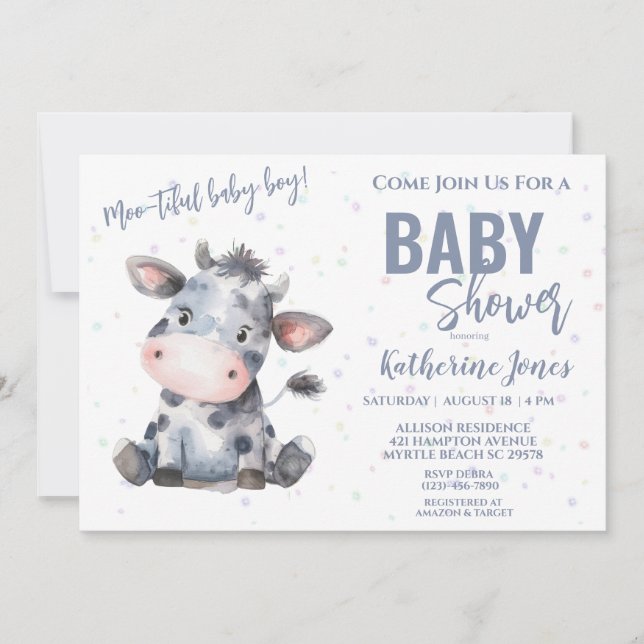 Invitación Cow Baby Shower Dusty Blue Boy Farm (Anverso)