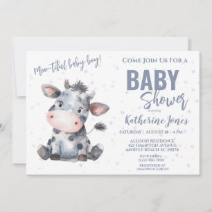 Invitación Cow Baby Shower Dusty Blue Boy Farm