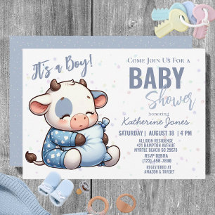 Invitación Cow Baby Shower Dusty Blue Boy Farm