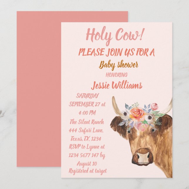 Invitación Cow Cow Boho Country Baby Girl Western Floral In (Anverso / Reverso)