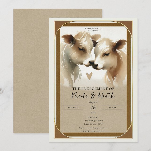 Invitación Cow Love Brown Cream Country Engagement Party (Anverso / Reverso)