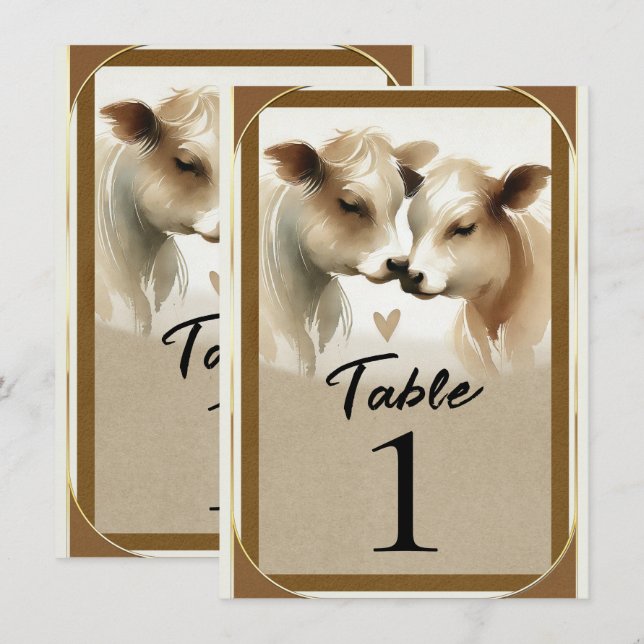 Invitación Cow Love Brown Cream Country Wedding Número de tab (Anverso / Reverso)