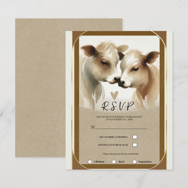 Invitación Cow Love Brown Cream Country Wedding RSVP (Anverso / Reverso)