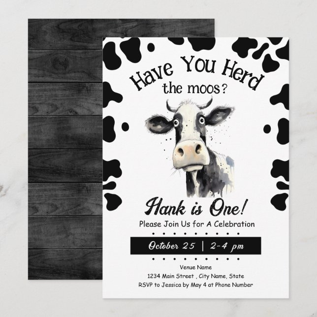 Invitación Cow Moos primera acuarela de cumpleaños (Anverso / Reverso)