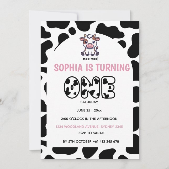 Invitación Cow Theme First Birthday Invitation – Turning One  (Anverso)