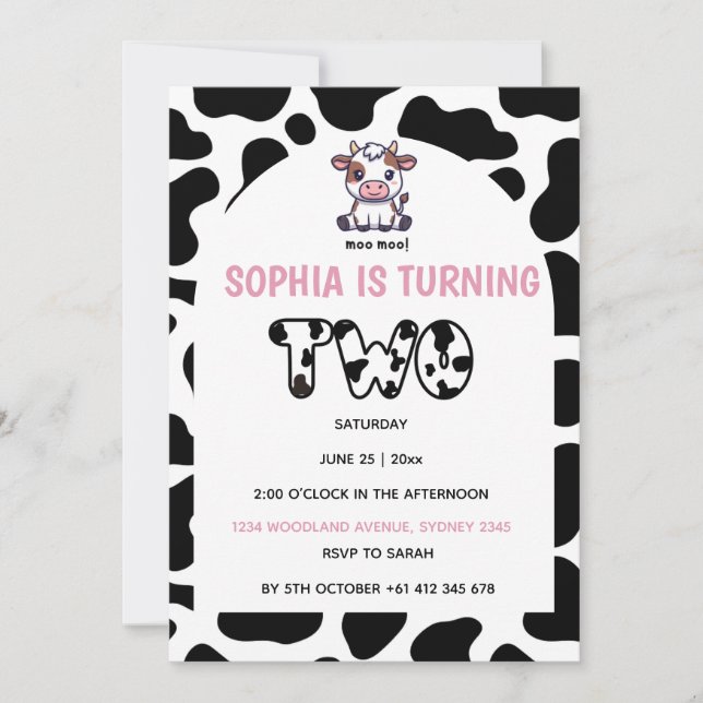 Invitación Cow Theme Second Birthday Invitation –Turning TOW  (Anverso)