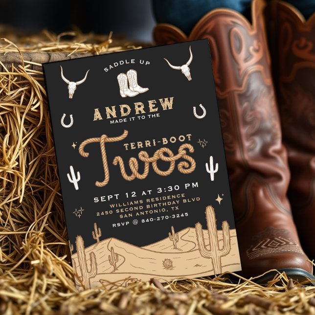 Invitación Cowboy 2nd Birthday Party Terri-Boot Twos Black (Cowboy 2nd Birthday Party Terri-Boot Twos Western Invitation
)