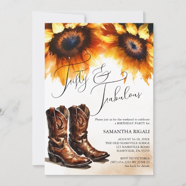 Invitación Cowboy amarillo girasol bota 50 cumpleaños (Anverso)