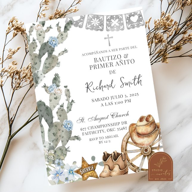 Invitación Cowboy azul dorado español Bautizo (Subido por el creador)