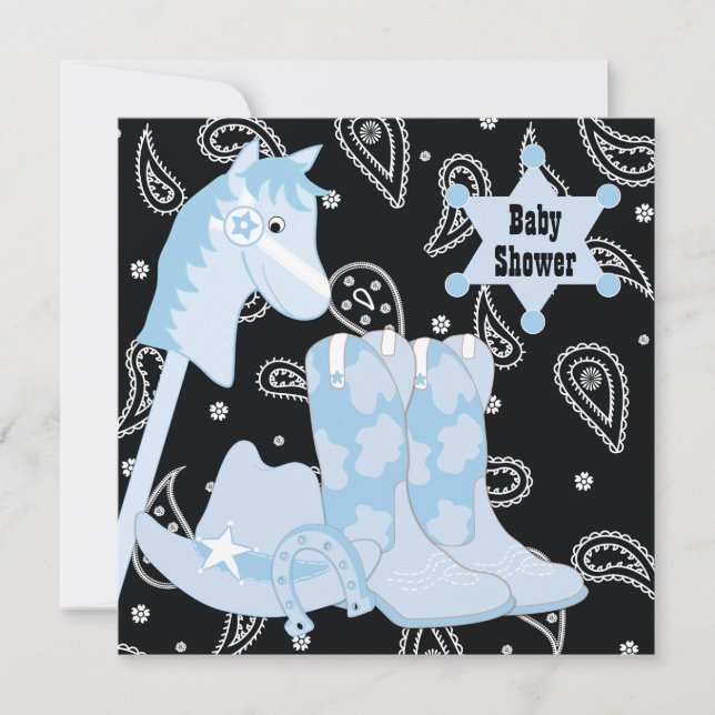 Invitación Cowboy azul negro bota Baby Shower de Cowboy (Anverso)