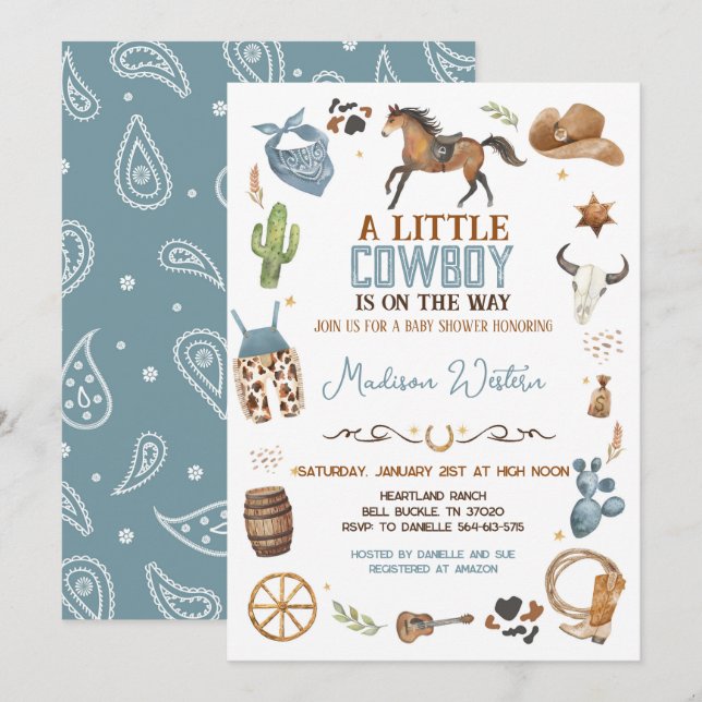 Invitación Cowboy Baby Shower (Anverso / Reverso)