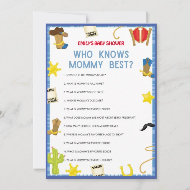 Invitación Cowboy Baby Shower Game - Editable Name, 5x7 size  (Anverso)