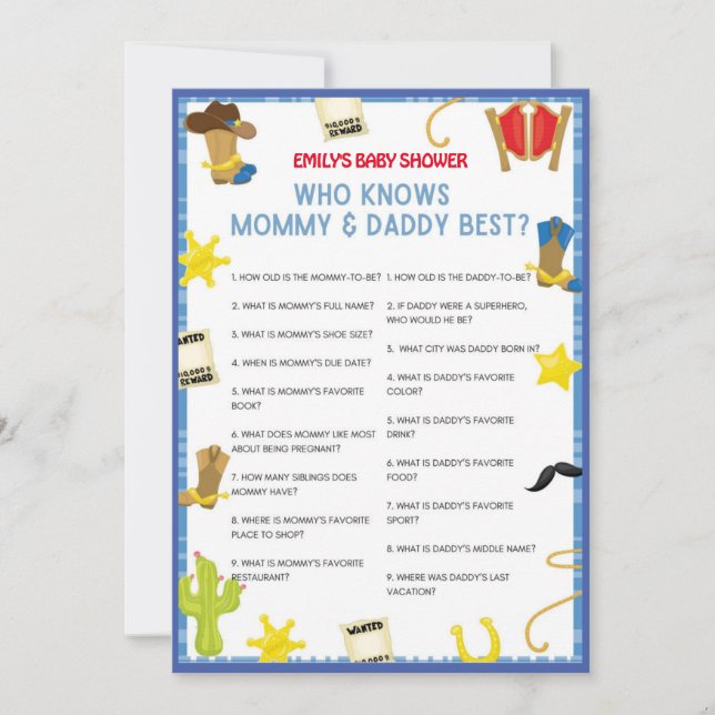 Invitación Cowboy Baby Shower Game - Nombre editable, tamaño  (Anverso)