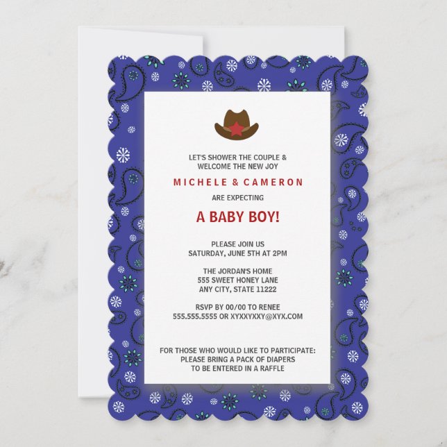 Invitación Cowboy Baby Shower invita a la AZUL OCCIDENTAL BAN (Anverso)