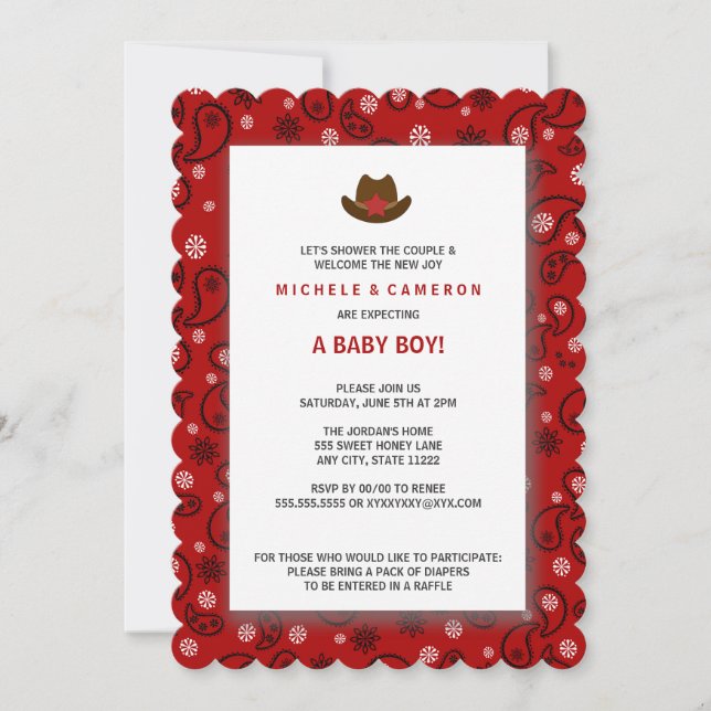Invitación Cowboy Baby Shower invita a la BANDANA ROJA OCCIDE (Anverso)
