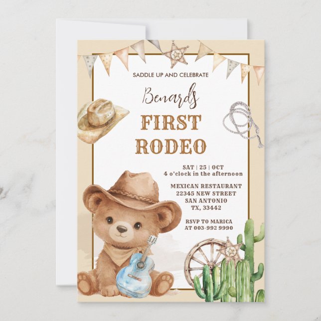 Invitación Cowboy Bear Western First Rodeo Birthday (Anverso)