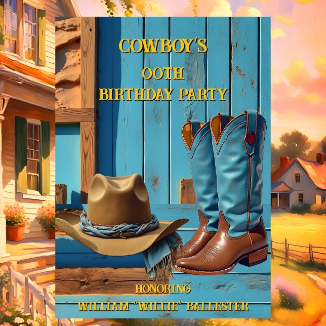 Invitación Cowboy Birthday Party Barn Boots Hat blue brown (Subido por el creador)