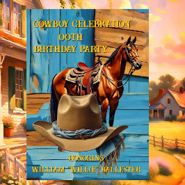 Invitación Cowboy Birthday Party Barn Horse Hat blue brown