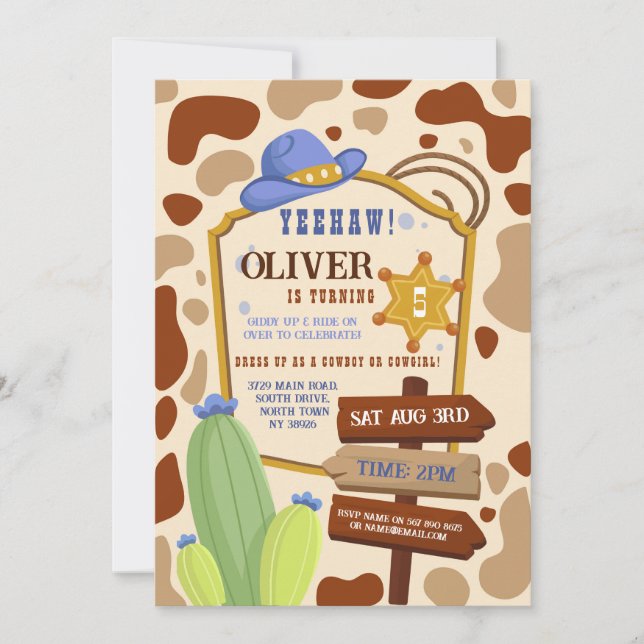 Invitación Cowboy Birthday Party Western Blue Boys (Anverso)
