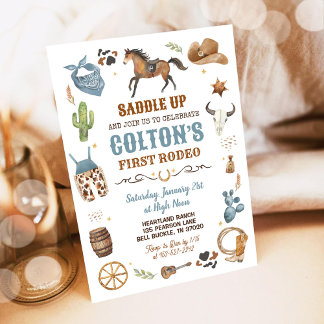 Invitación Cowboy Blue 1ᵉʳ Rodeo Wild Theme Birthday