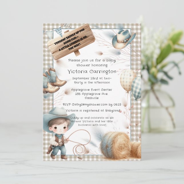 Invitación Cowboy Blue Boy Baby Shower (Anverso de pie)