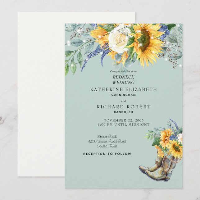 Invitación Cowboy, Boda de Sunflower Redneck, enciende la luz (Anverso / Reverso)