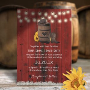 Invitación Cowboy Boda Rustic Sunflower Red Barn Wood