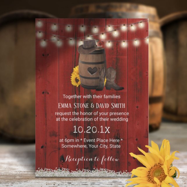 Invitación Cowboy Boda Rustic Sunflower Red Barn Wood (Subido por el creador)
