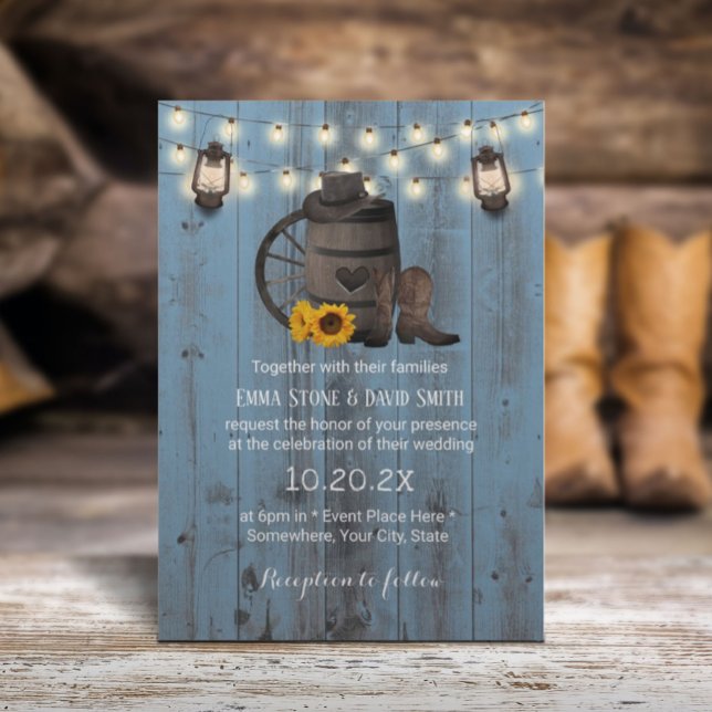 Invitación Cowboy Boda Sunflower Lantern Dusty Blue Wood (Subido por el creador)