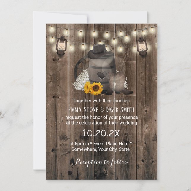 Invitación Cowboy Boda Sunflower Lantern Rusn Barn Wood (Anverso)