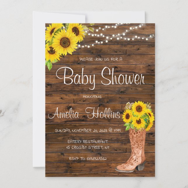 Invitación Cowboy Bootie Brown Wood Baby Shower (Anverso)