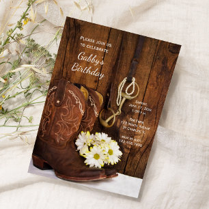 Invitación Cowboy Boots and Daisies Country Birthday Party