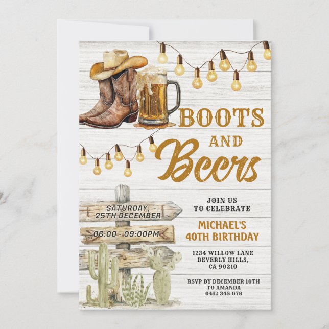 Invitación Cowboy Boots & Beers Adultos Cualquier Edad Madera (Anverso)