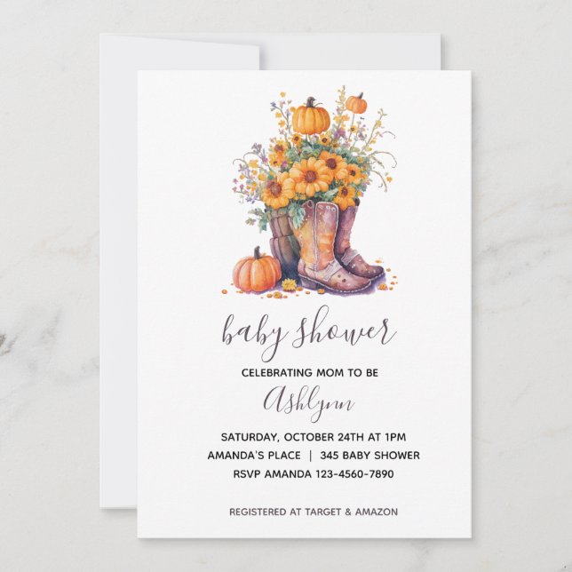 Invitación Cowboy boots Boots Floral Pumpkin de otoño Baby Sh (Anverso)