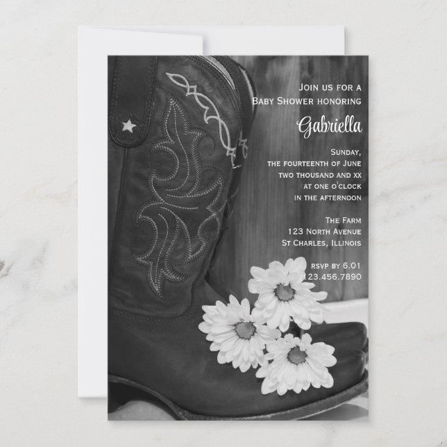 Invitación Cowboy Boots Daisies Country Western Baby Shower (Anverso)