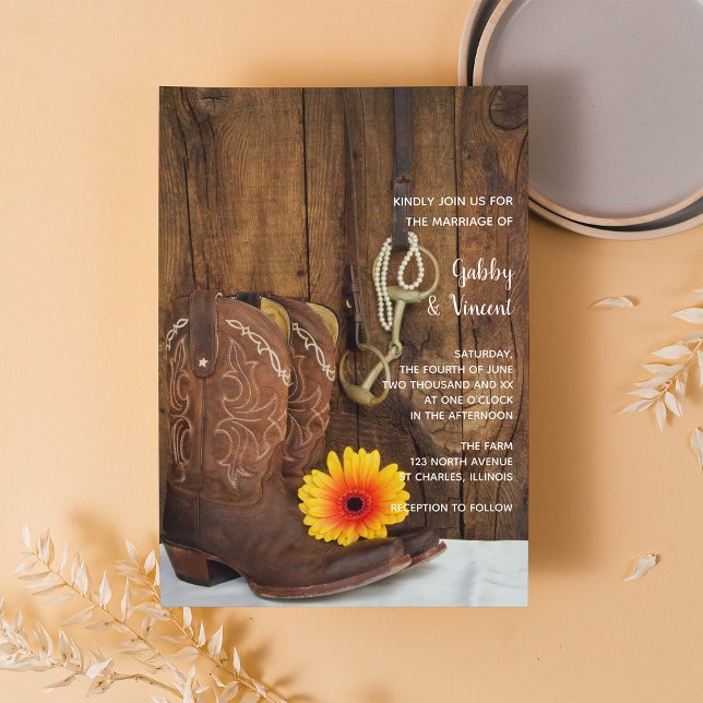 Invitación Cowboy Boots Daisy Horse Bit Western Barn Boda (Subido por el creador)