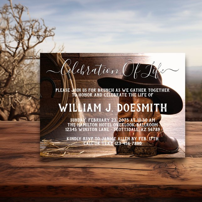 Invitación Cowboy Boots Gorra Memorial (Cowboy hat and boots memorial and funeral announcement. Simply add your event details.)
