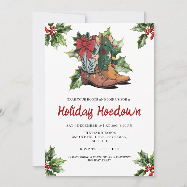 Invitación Cowboy Boots Holiday Celebration, Editable Country (Anverso)